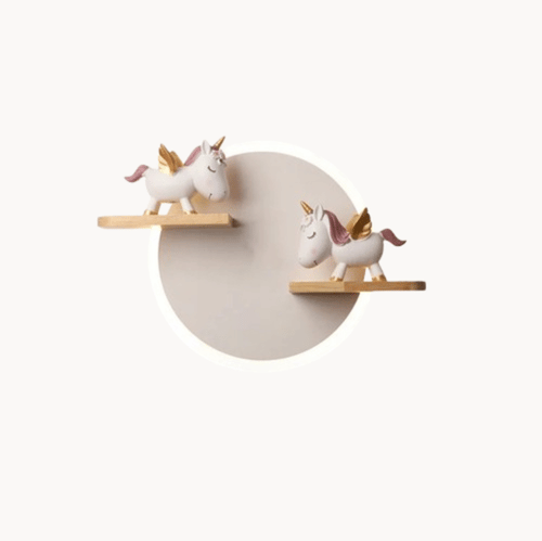 THERIS - Applique Murale Chambre Enfant, ludique avec LED circulaire, étagères en bois et figurines licorne, ambiance féérique