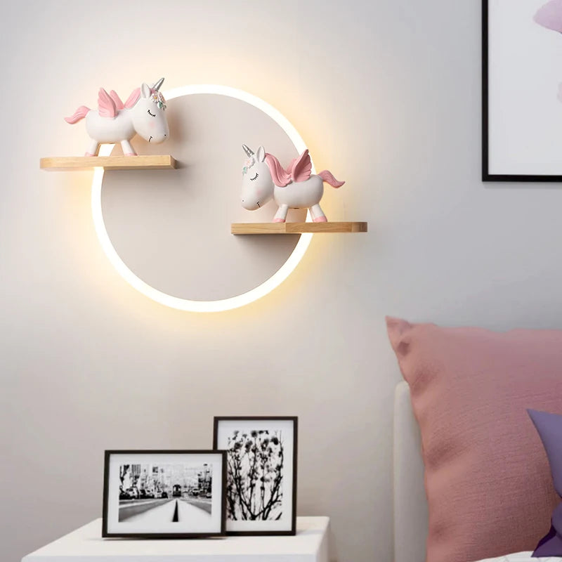 THERIS - Applique Murale Chambre Enfant, ludique avec LED circulaire, étagères en bois et figurines licorne, ambiance féérique