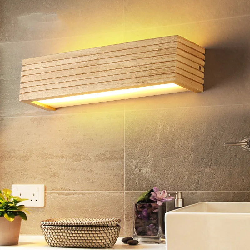 XYLARIS - Applique murale LED étanche IP54, rectangulaire en bois naturel avec éclairage bidirectionnel, style nordique pour salle de bain