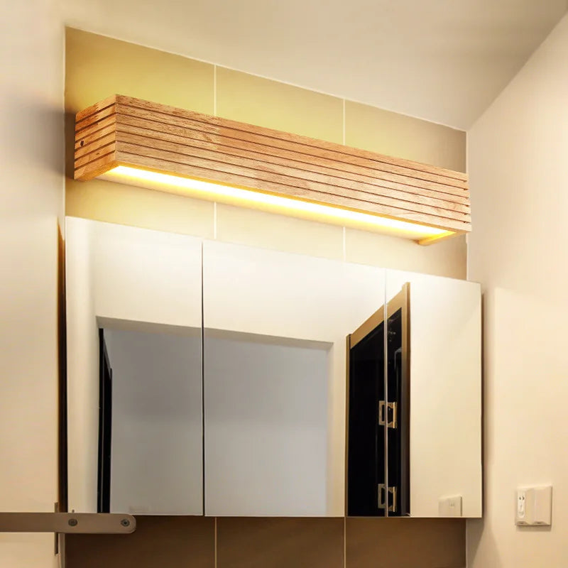 XYLARIS - Applique murale LED étanche IP54, rectangulaire en bois naturel avec éclairage bidirectionnel, style nordique pour salle de bain